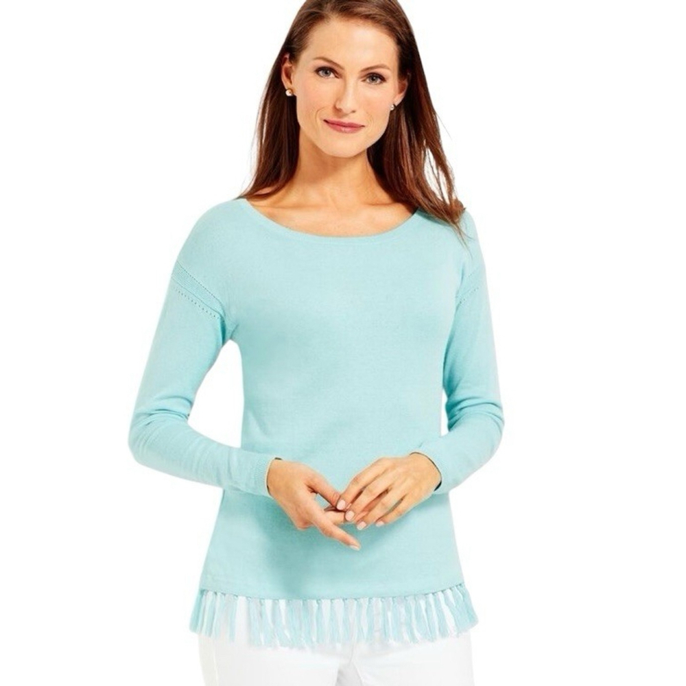 Talbots Sweater‎ Women Sz MP Blue Cashmere Cotton Tassels Soft Boho Office EUC